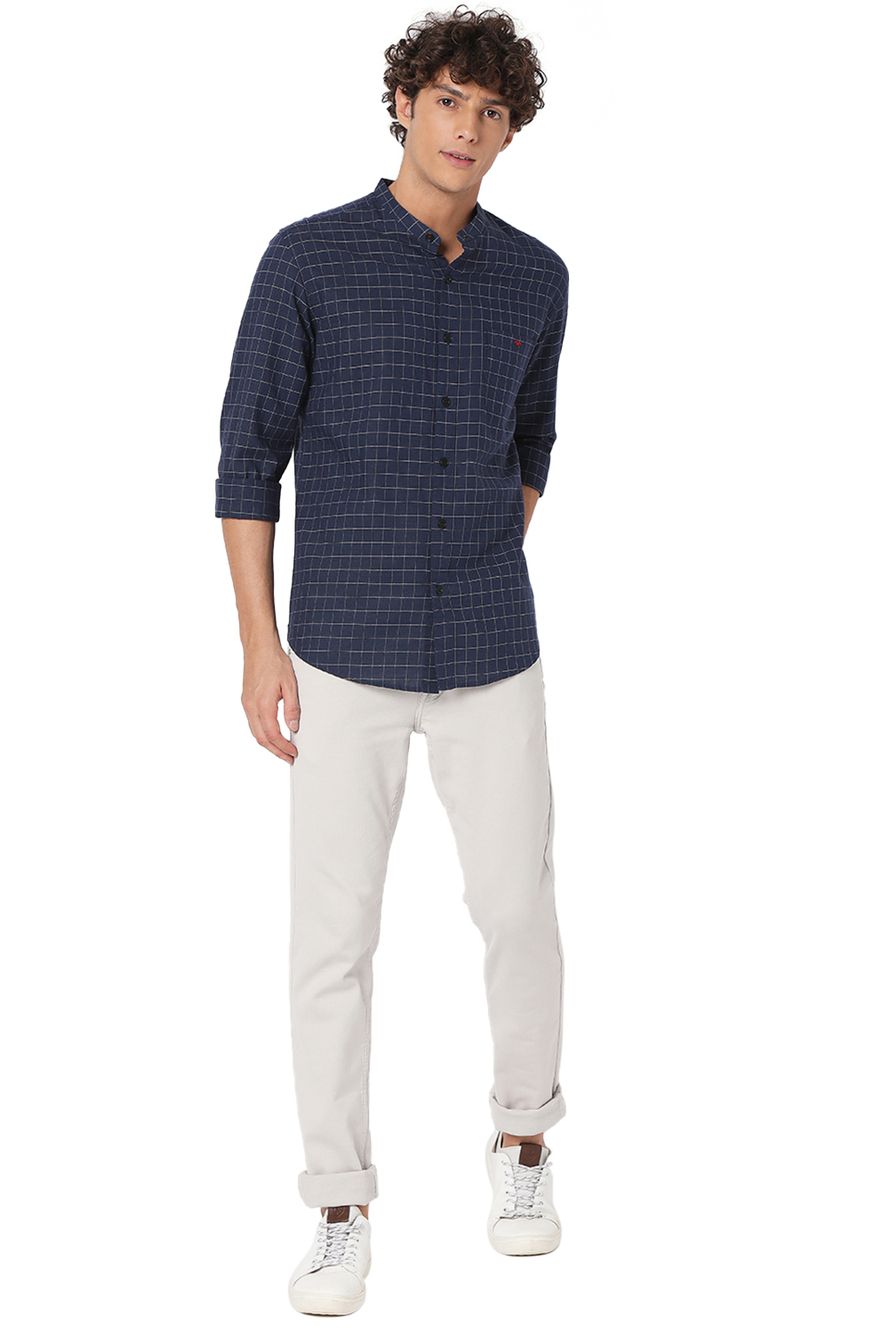 Navy & White Grid Check Slim Fit Casual Shirt