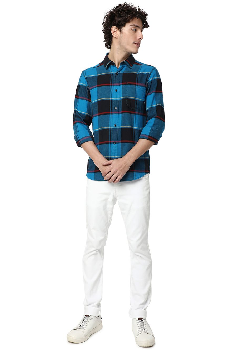 Turquoise & Black Large Check Slim Fit Casual Shirt