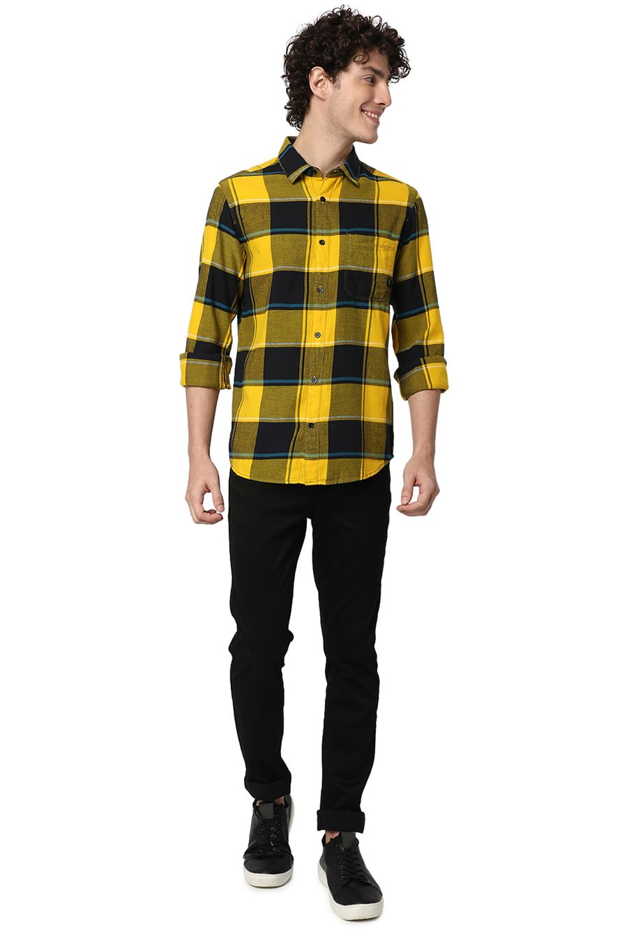 Yellow & Navy Large Check Slim Fit Casual Shirt