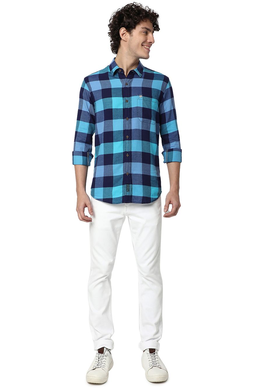 Turquoise & Navy Madras Check Slim Fit Casual Shirt