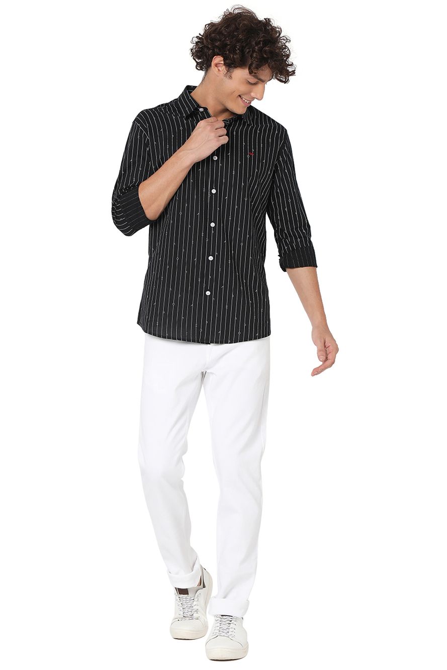 Black & White Printed Stripe Slim Fit Casual Shirt