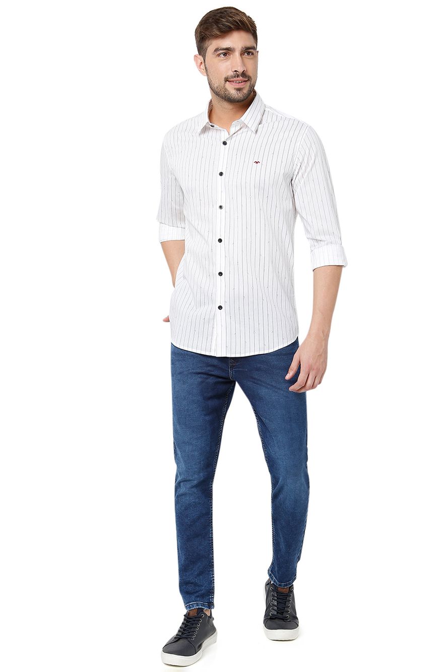 White & Black Printed Stripe Slim Fit Casual Shirt