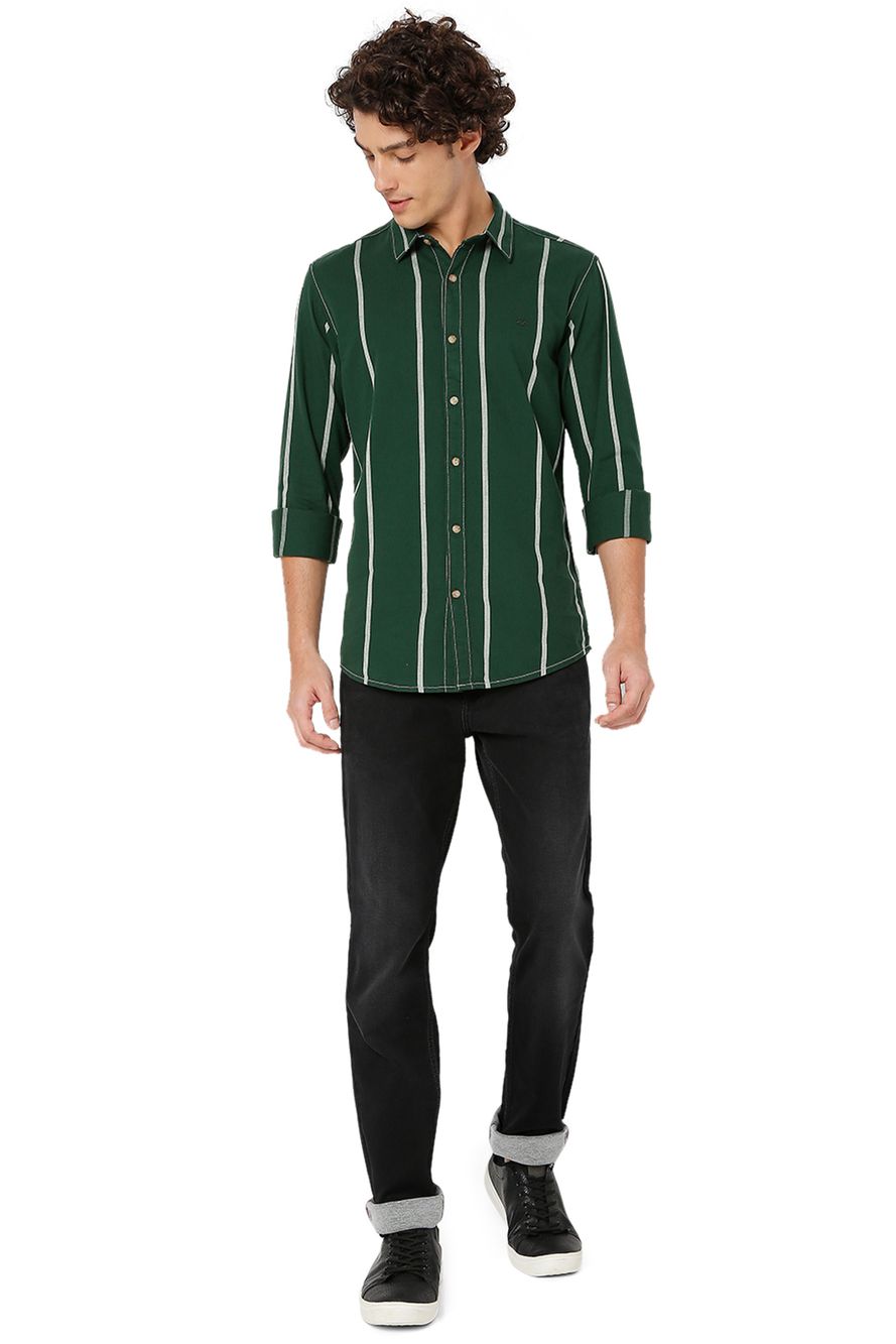 Green & White Stripe Slim Fit Casual Shirt
