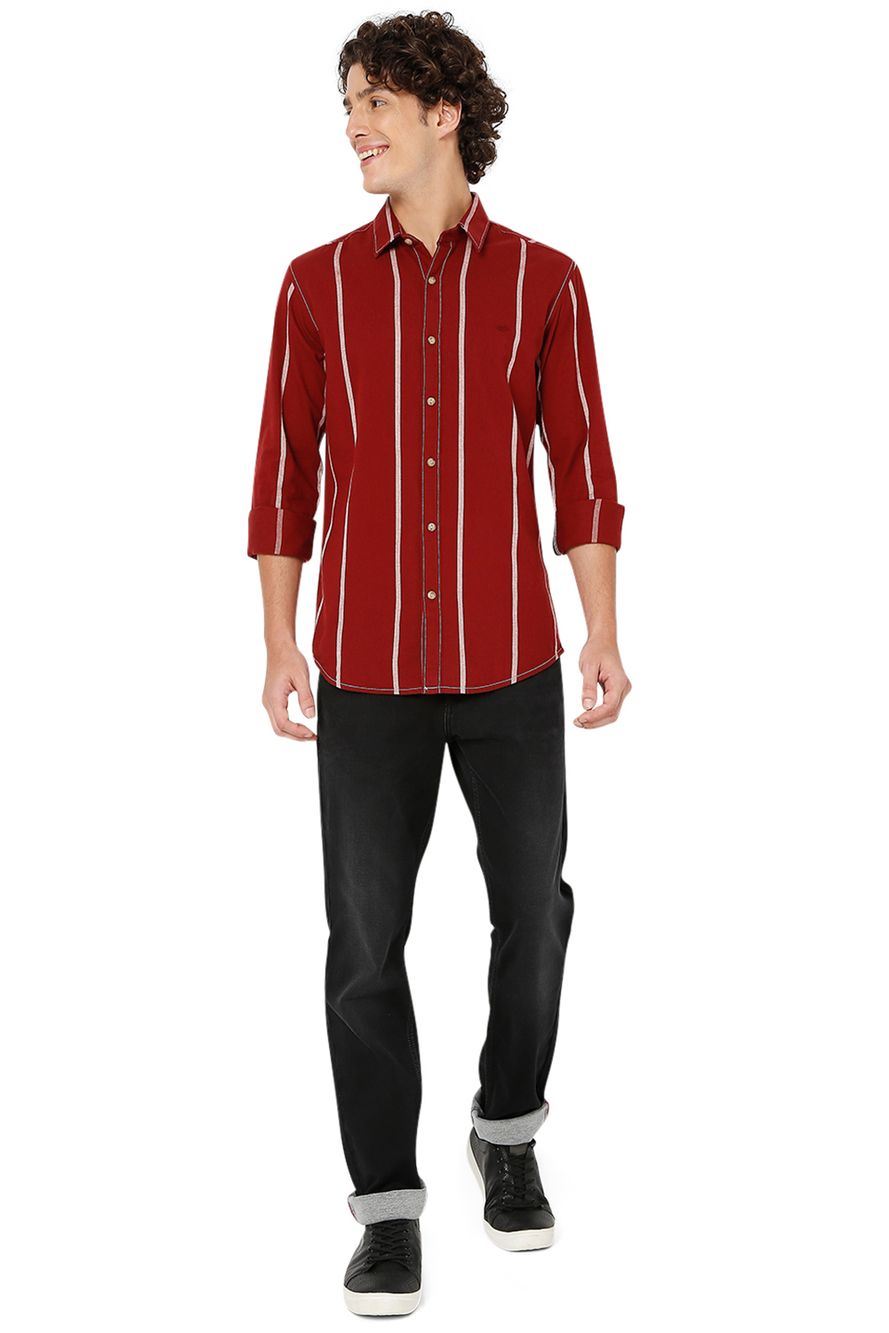 Maroon & White Stripe Slim Fit Casual Shirt