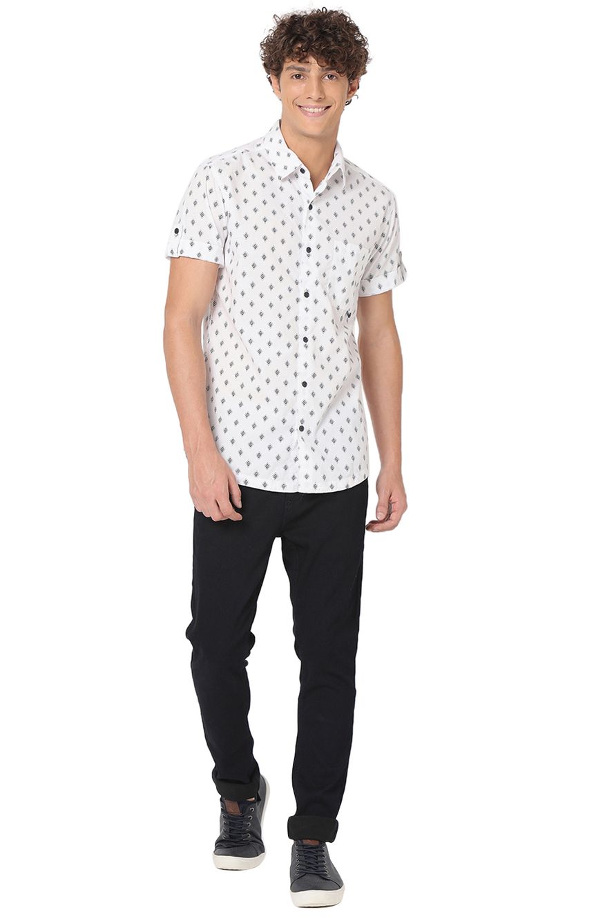 White & Navy Print Slim Fit Casual Shirt