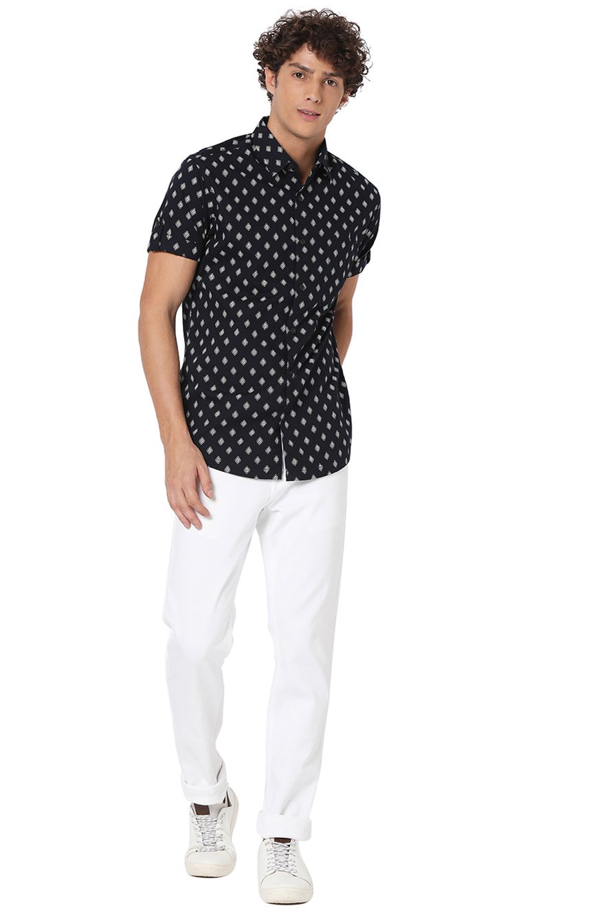 Navy & White Print Slim Fit Casual Shirt