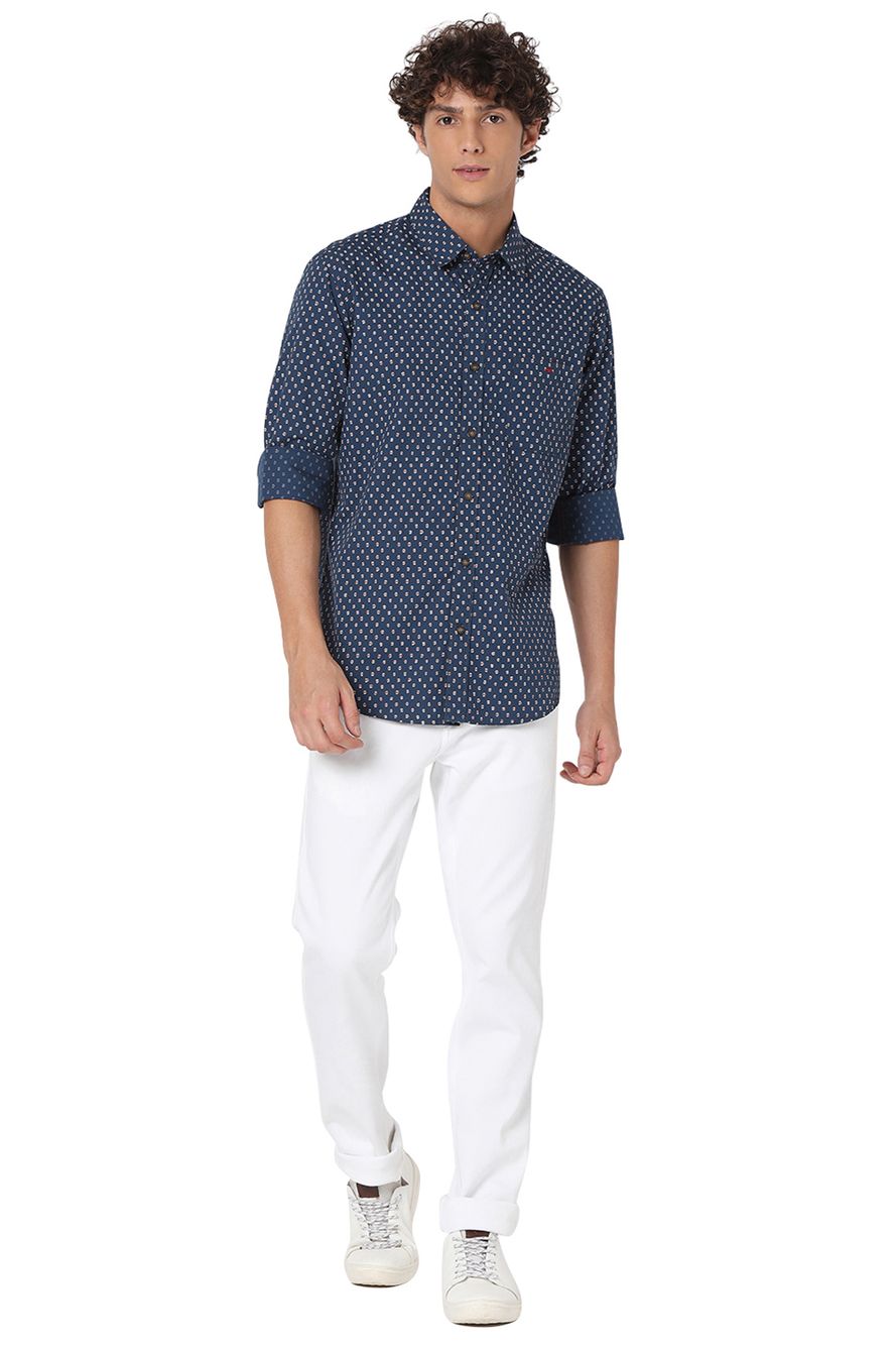 Navy & White Print Slim Fit Casual Shirt