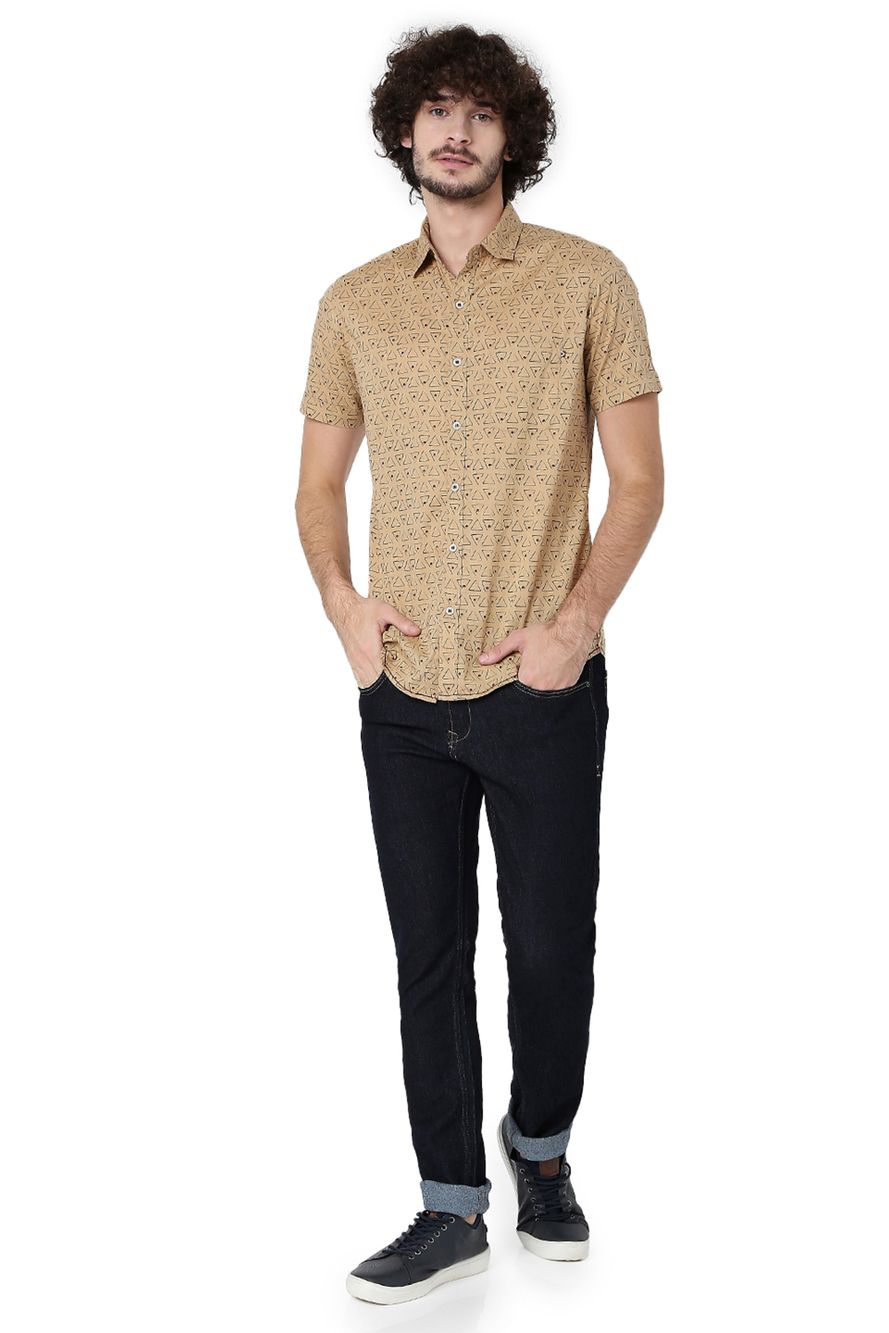 Light Khaki & Rust Geometric Print Slim Fit Casual Shirt