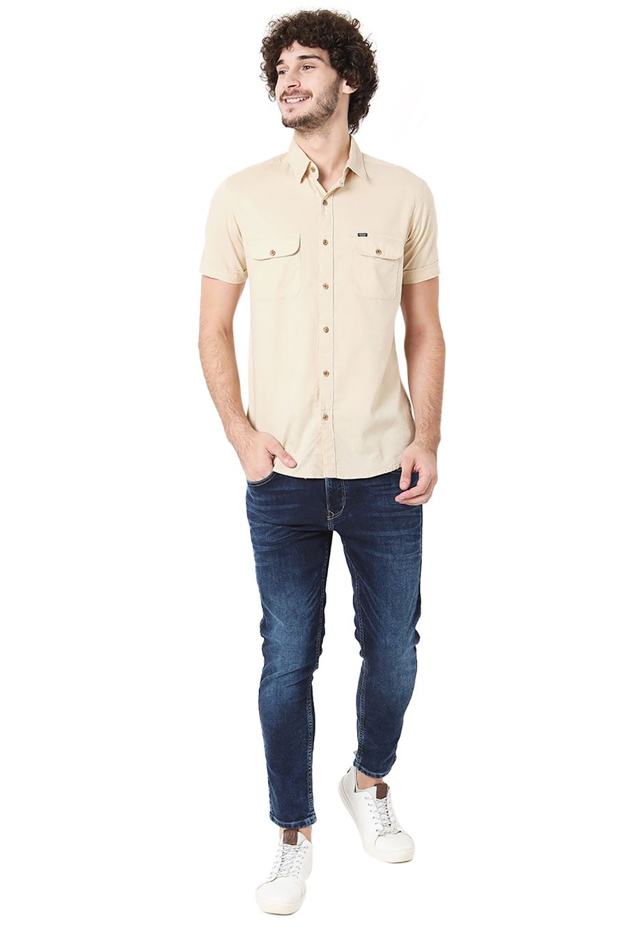 Beige Cotton Linen Military Slim Fit Casual Shirt