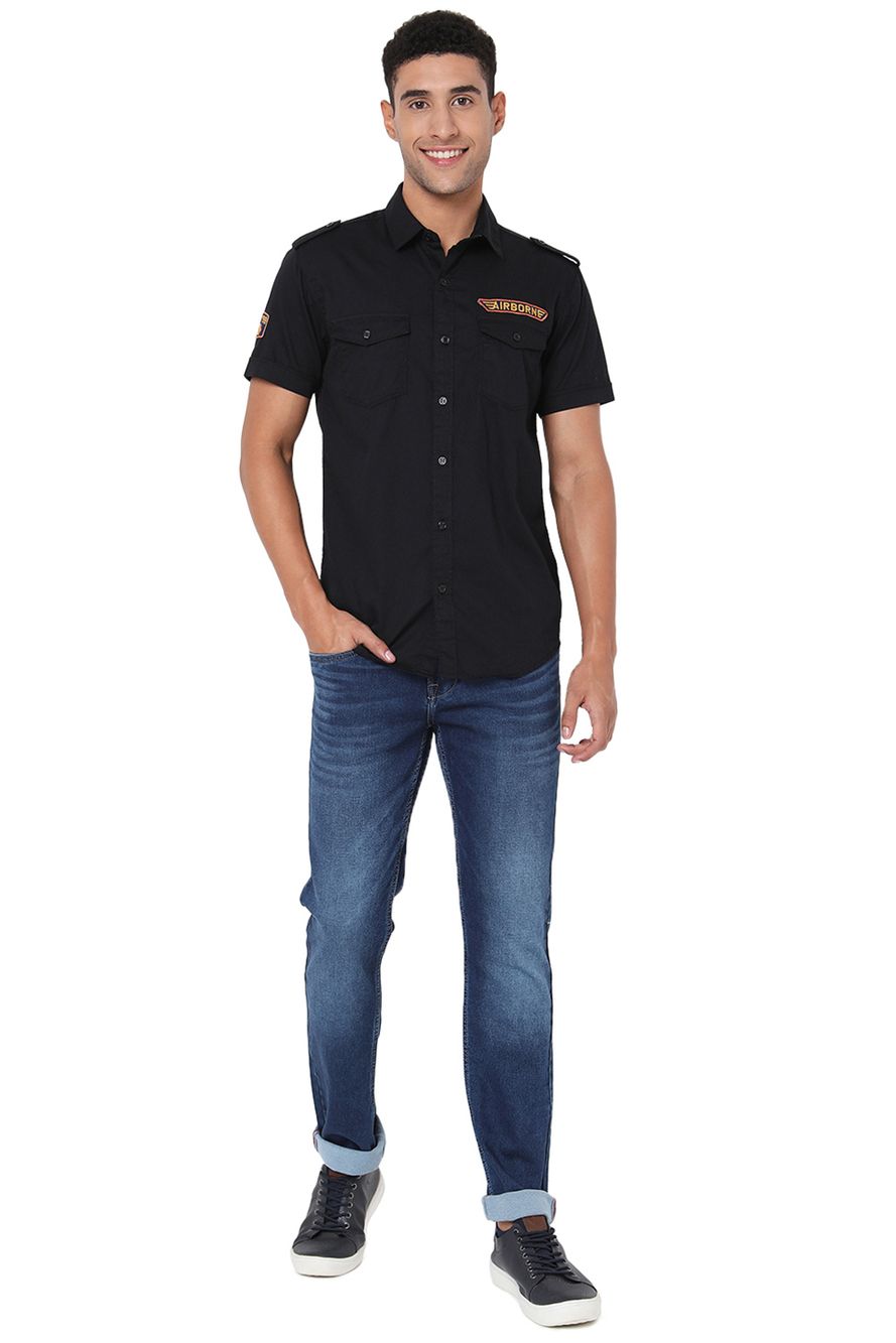 Black Badged Slim Fit Casual Shirt