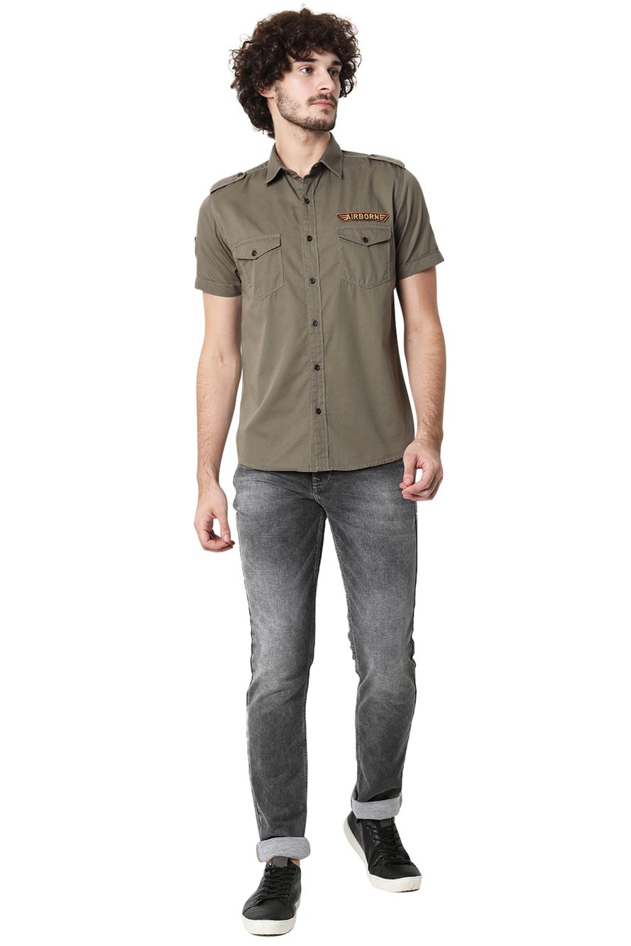 Light Olive Badged Slim Fit Casual Shirt