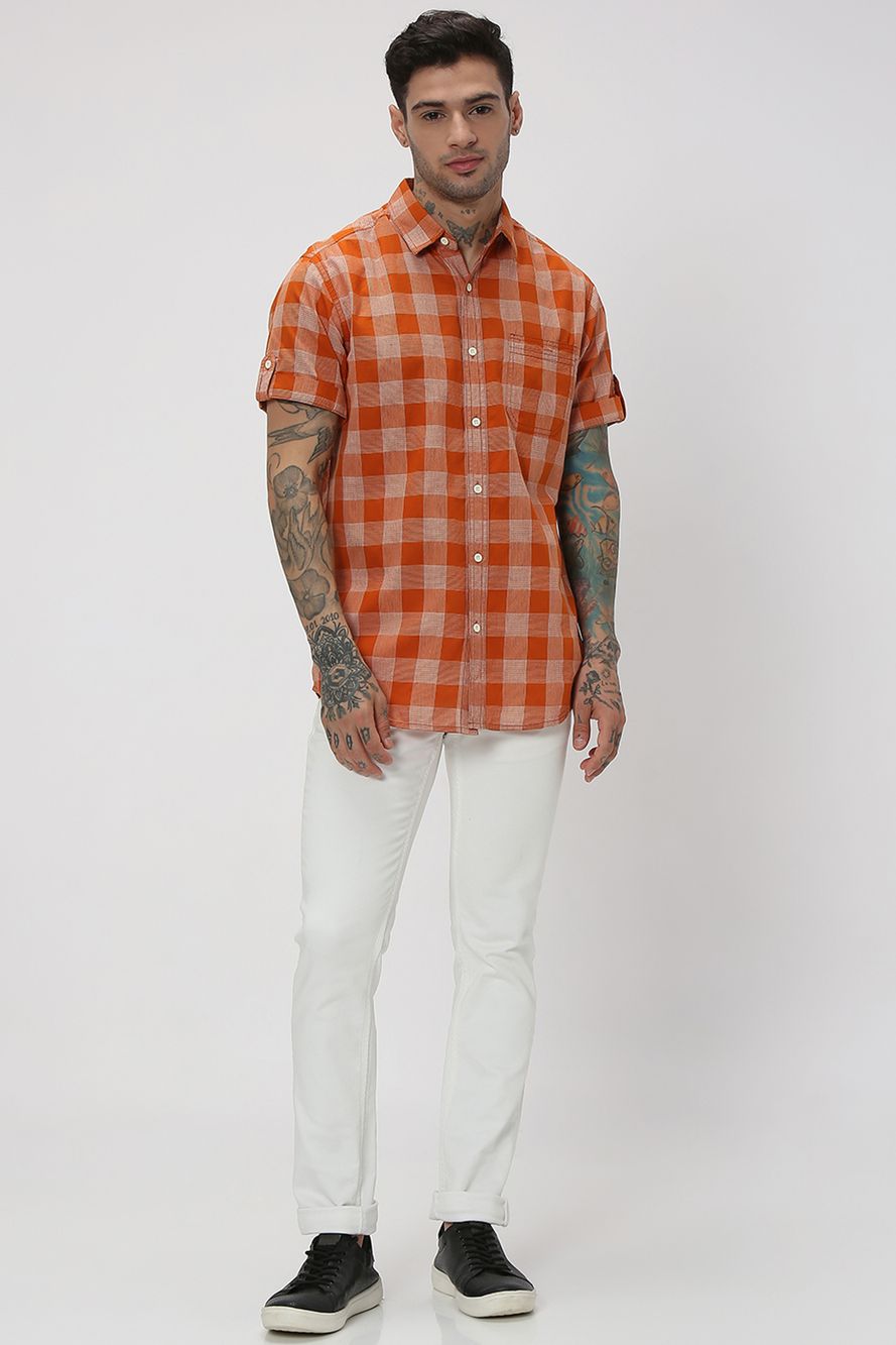 Rust & White Square Check Slim Fit Casual Shirt