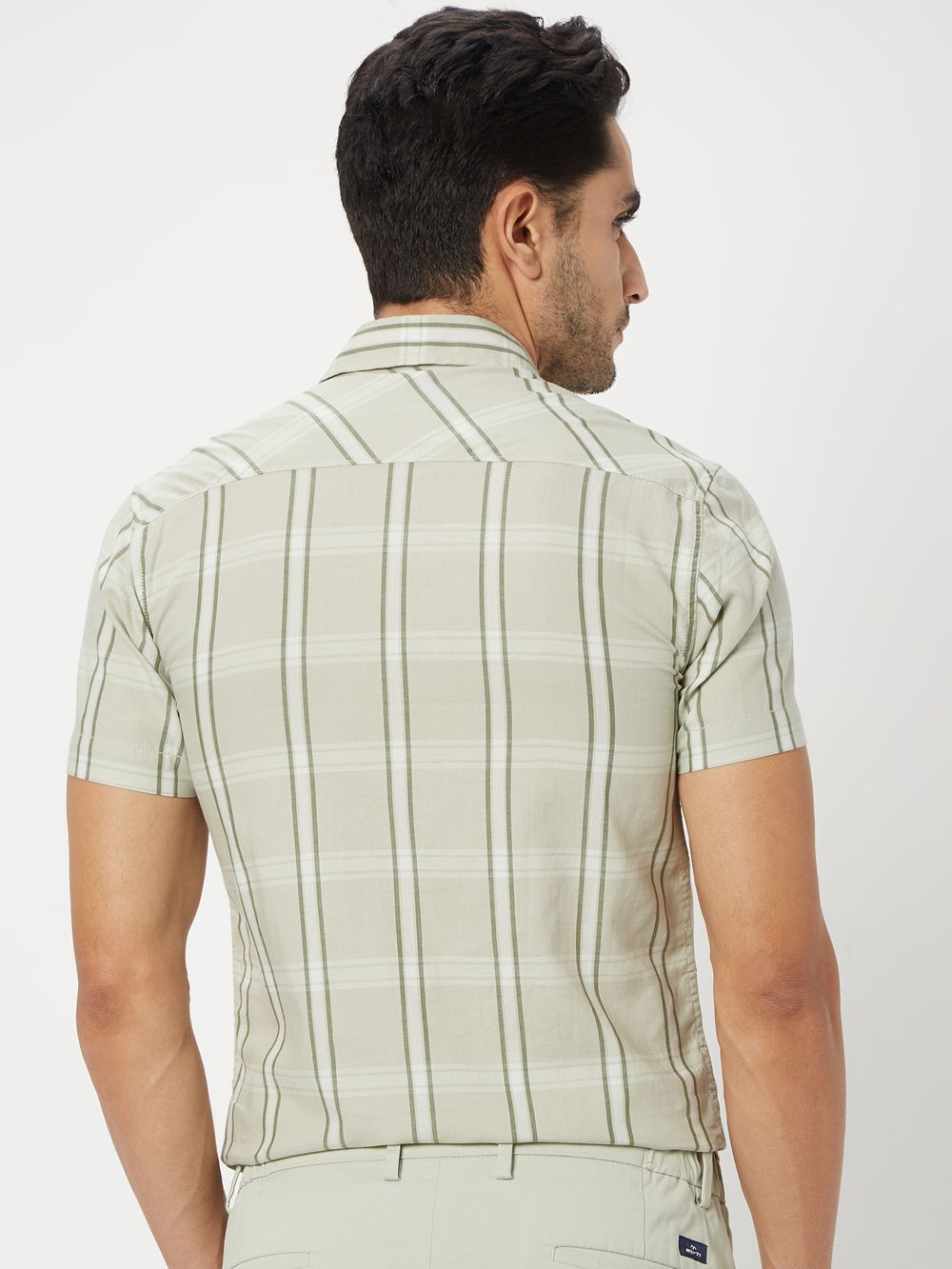 Light Olive & White Large Check Slim Fit Casual Shirt