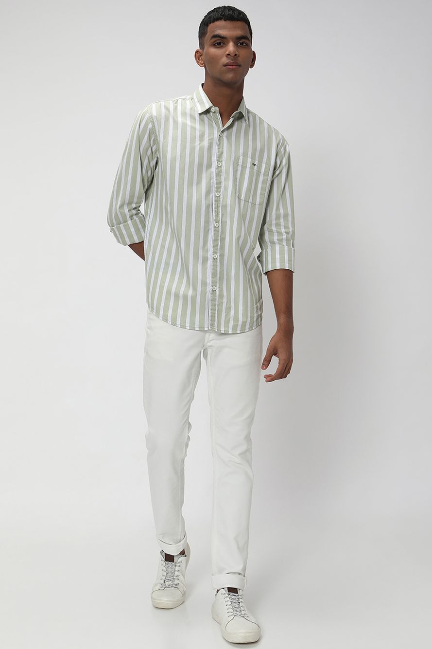 Light Olive & White Bengal Stripe Slim Fit Casual Shirt