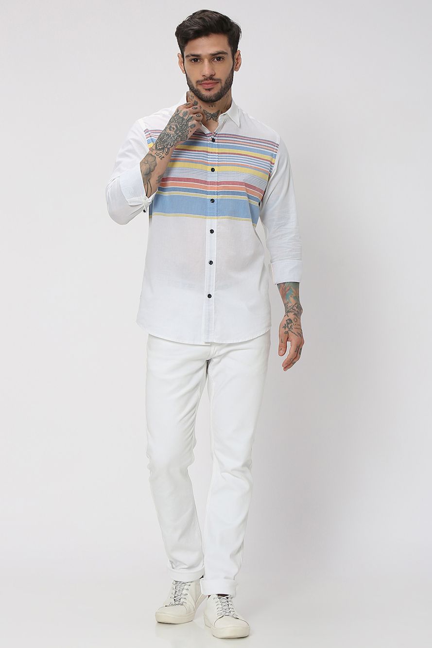 White & Multi Abstract Stripe Slim Fit Casual Shirt