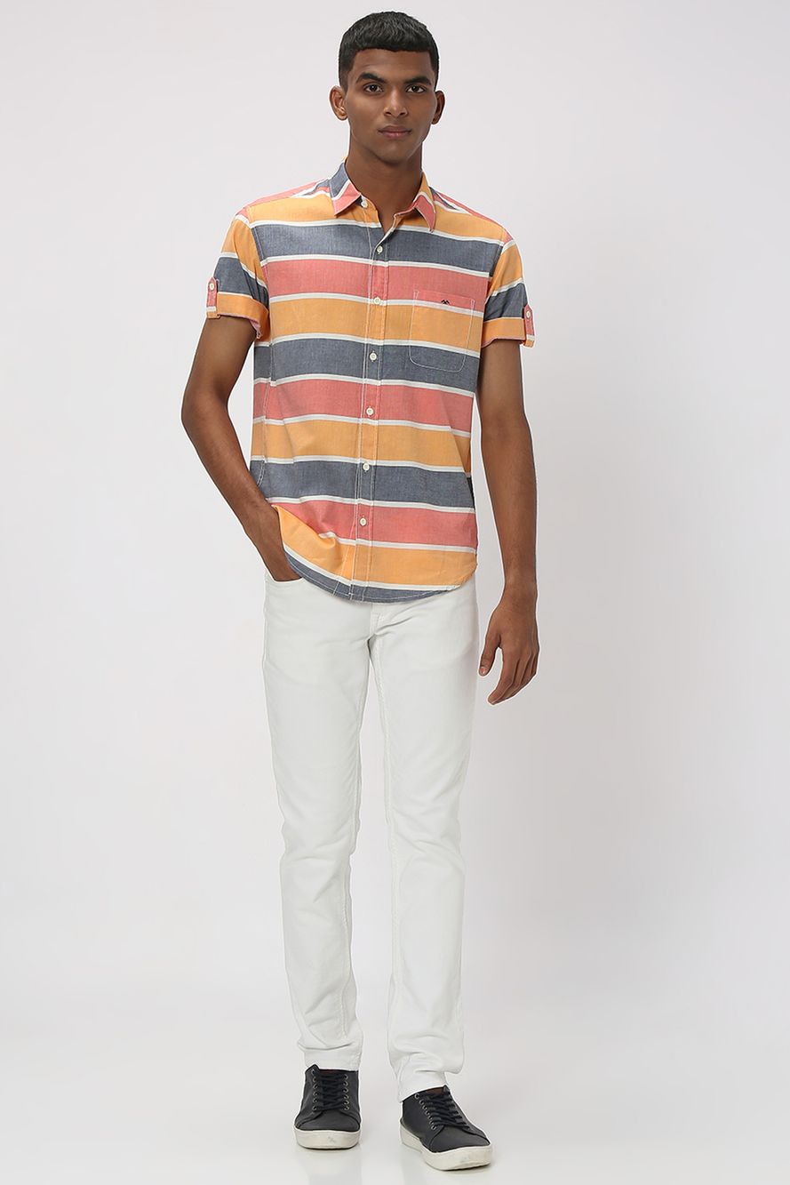 Orange & Blue Stripe Slim Fit Casual Shirt