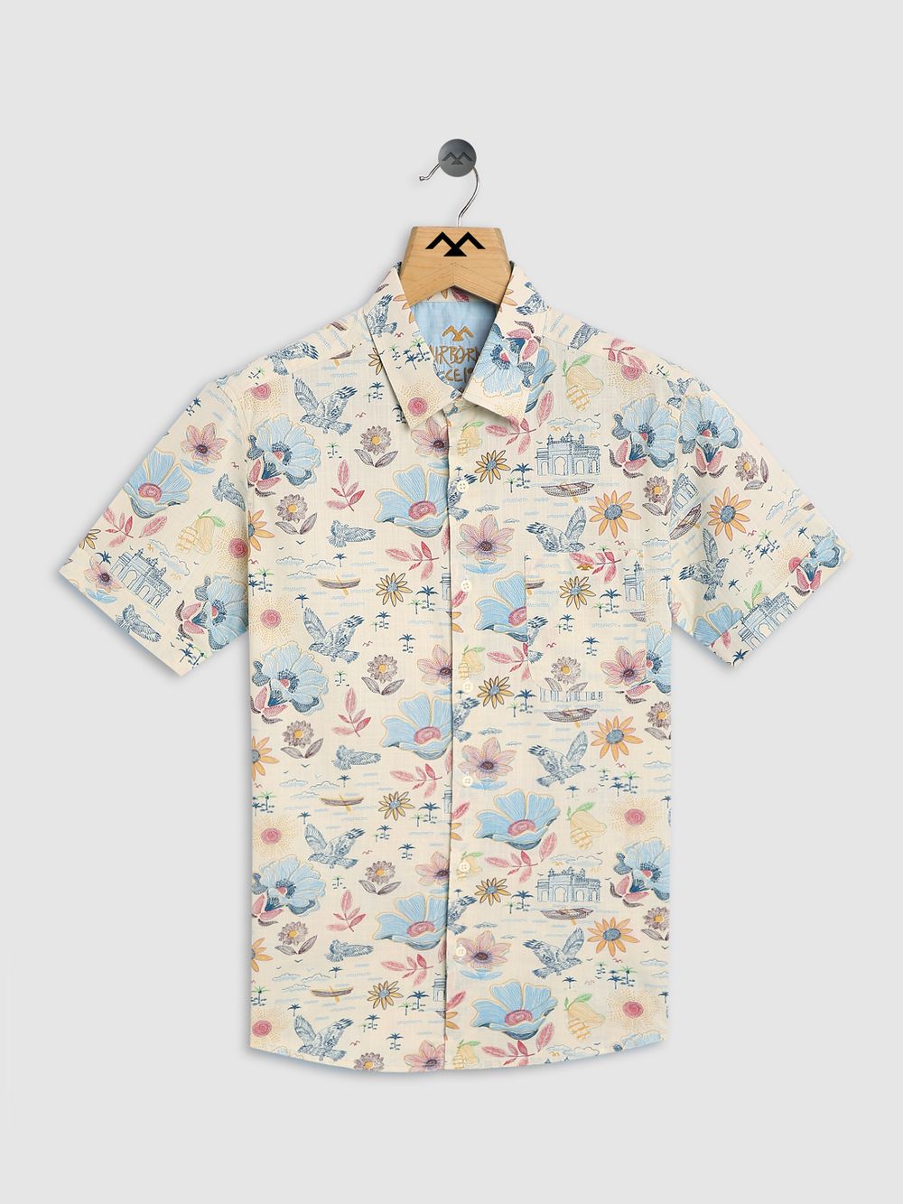 Off White & Multi Tropical Print Slim Fit Casual Shirt