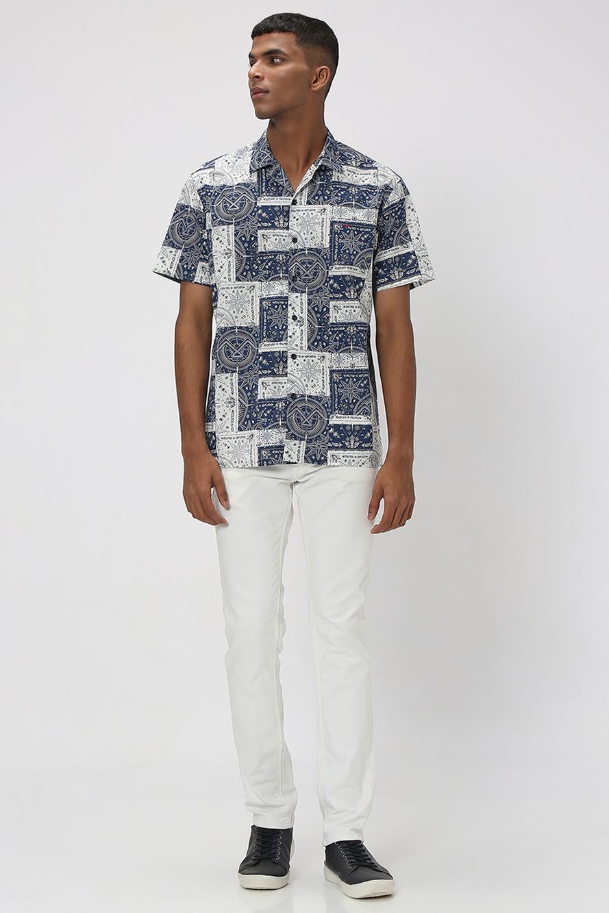 Navy & White Bandana Print Slim Fit Casual Shirt