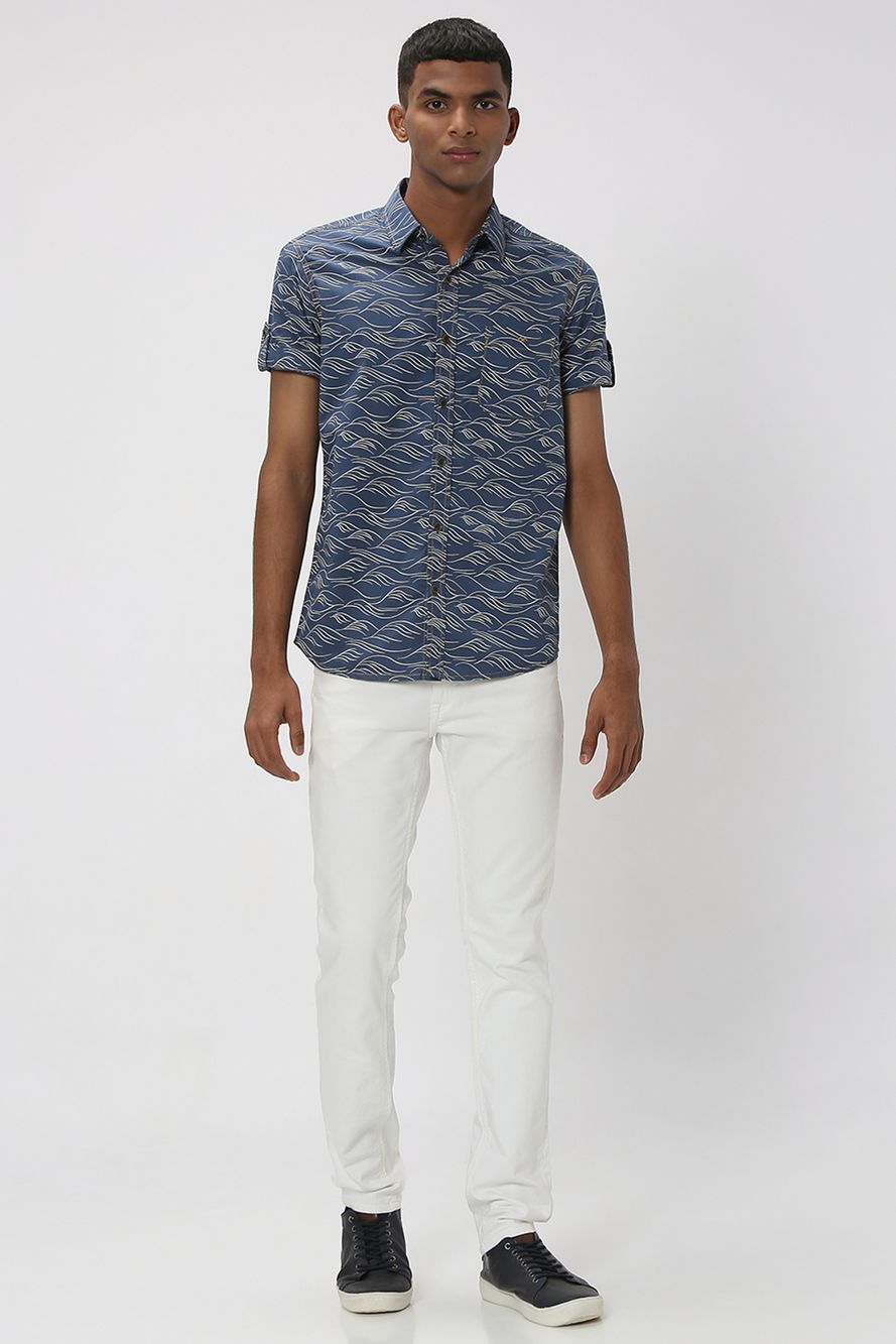 Blue & White Wave Print Slim Fit Casual Shirt