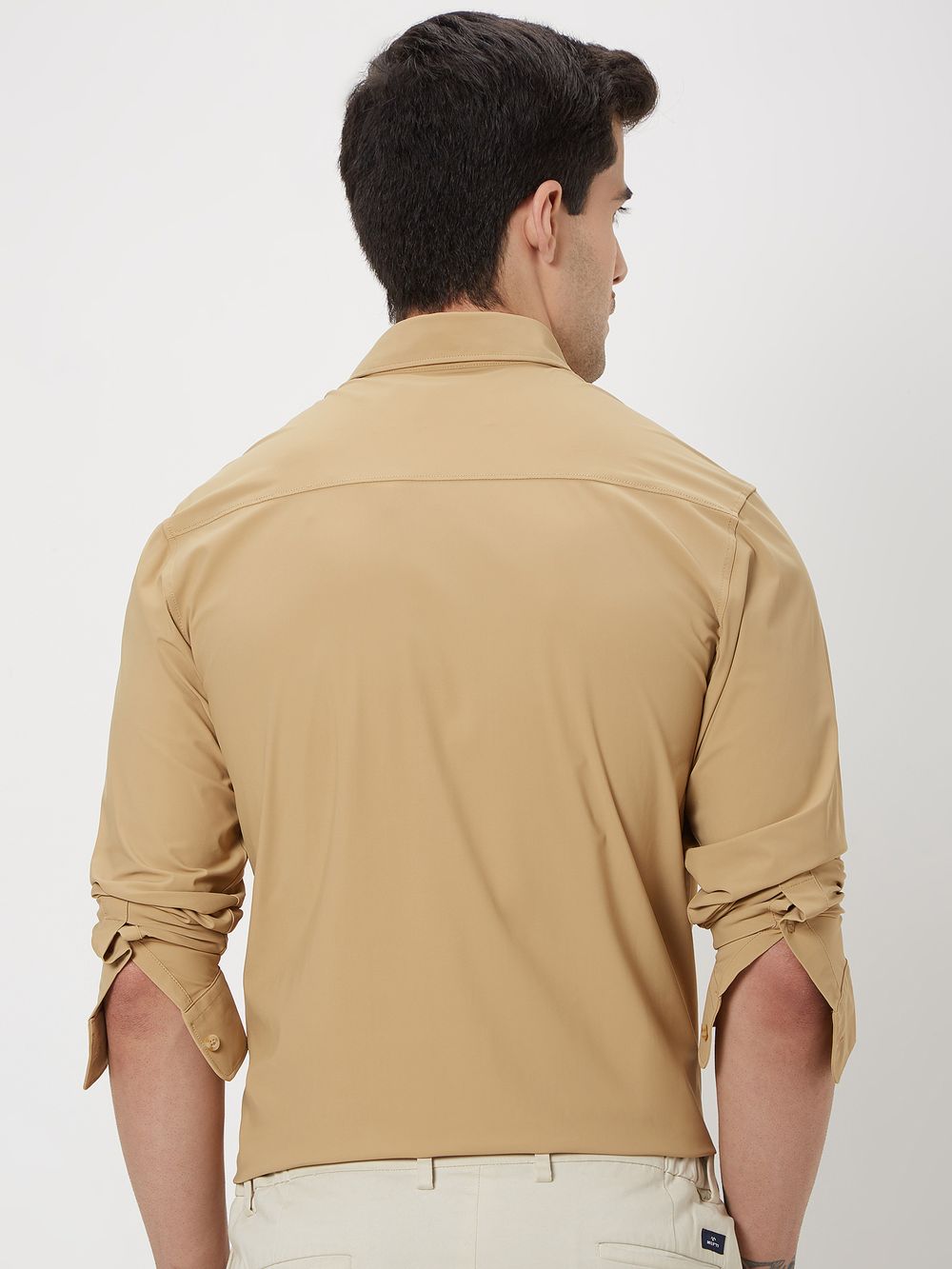 Beige Knitted Plain Stretch Shirt