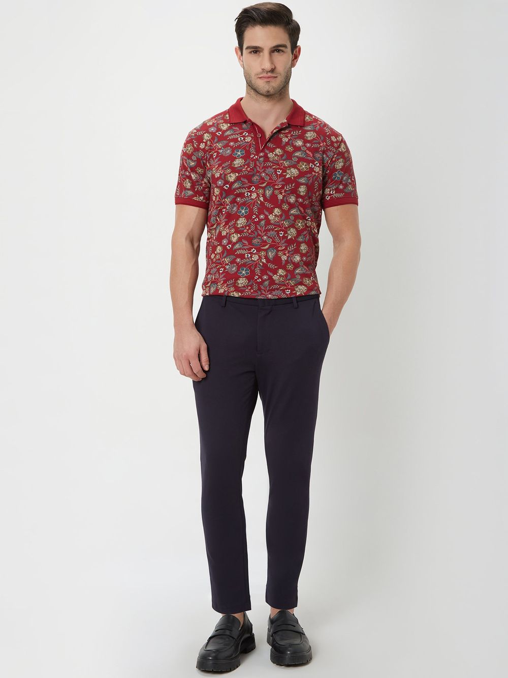 Maroon & Multi Floral Print Polo T-Shirt