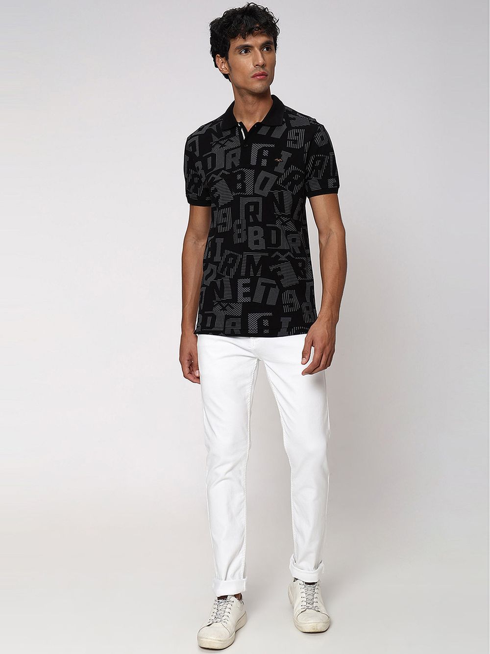 Black & Grey Abstract Print Pique Polo T-Shirt