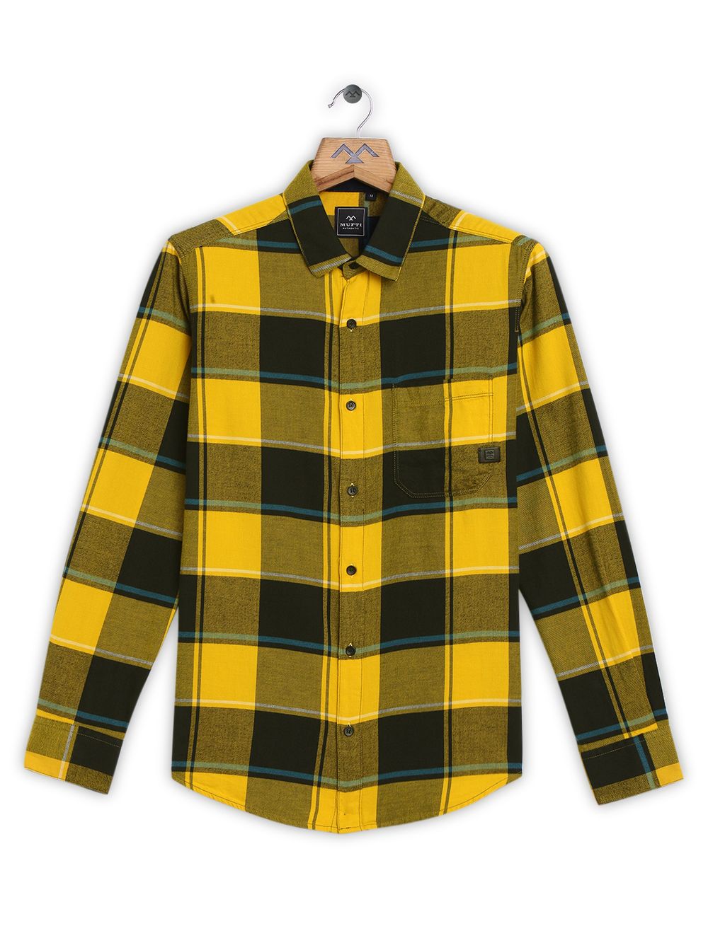 Yellow & Navy Large Check Slim Fit Casual Shirt