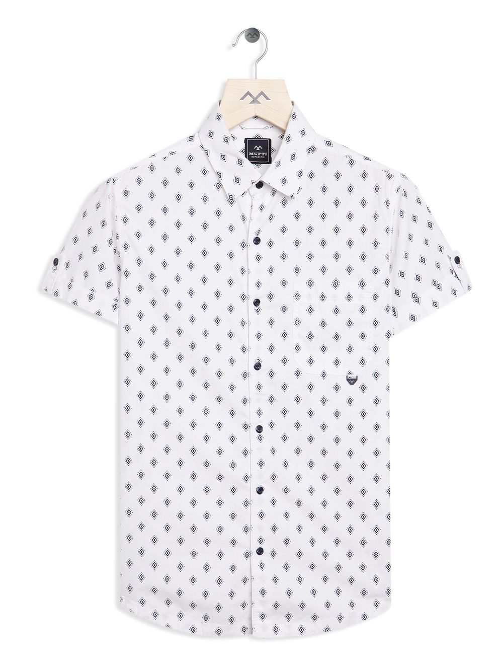 White & Navy Print Slim Fit Casual Shirt