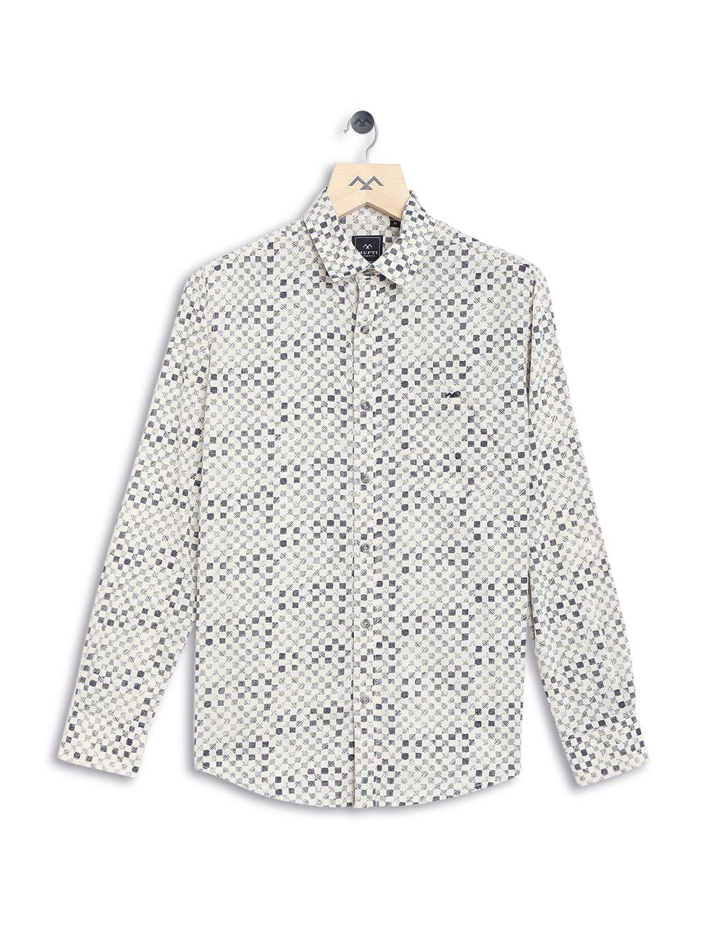 Off White & Navy Checkerboard Print Slim Fit Casual Shirt