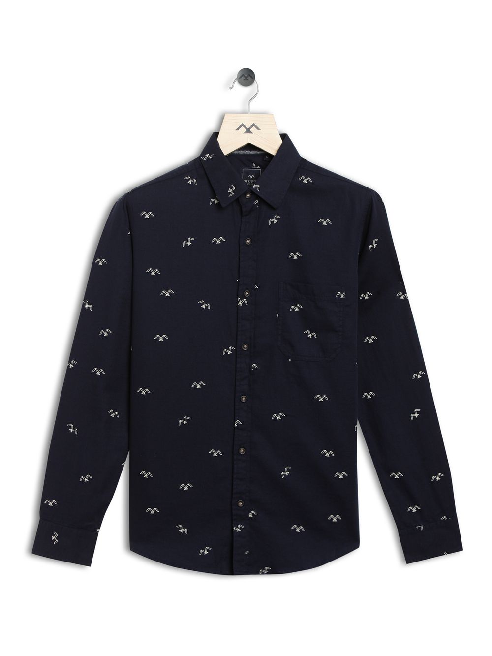 Navy & Off White Logo Print Slim Fit Casual Shirt