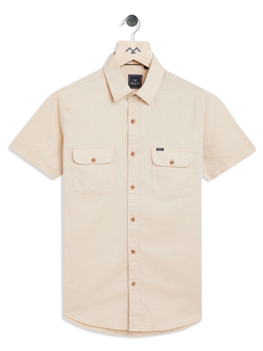 Beige Cotton Linen Military Slim Fit Casual Shirt