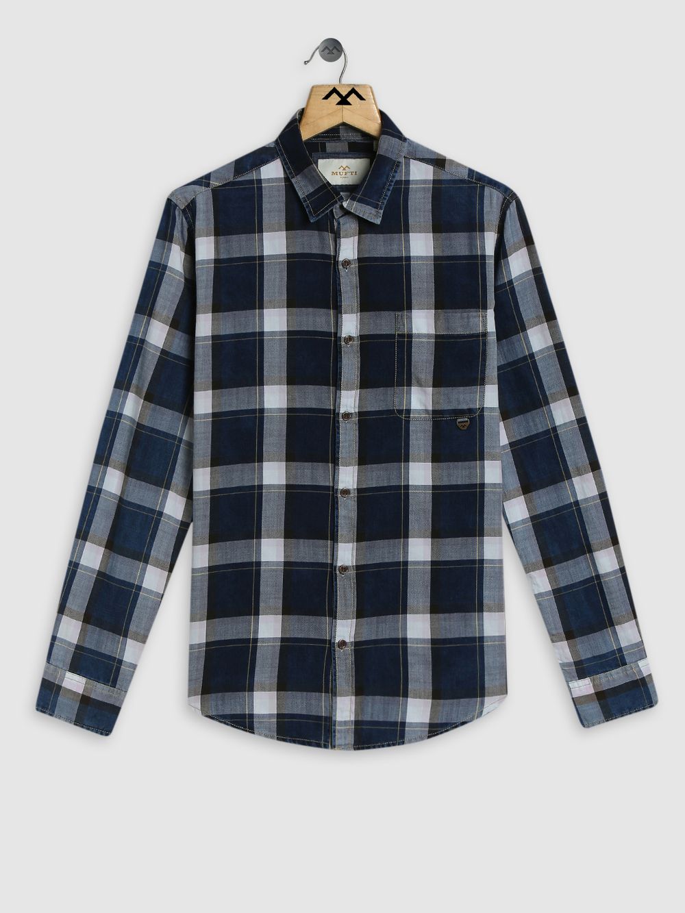 Dark Indigo Blue & White Windowpane Check Denim Shirt