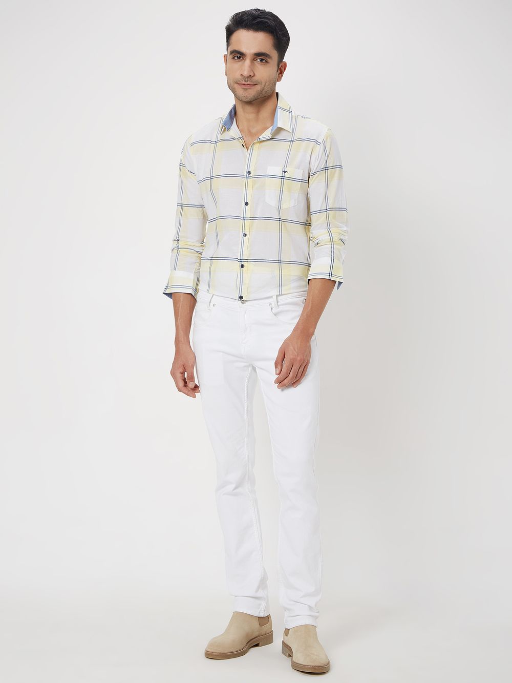 White & Light Yellow Windowpane Check Slim Fit Casual Shirt