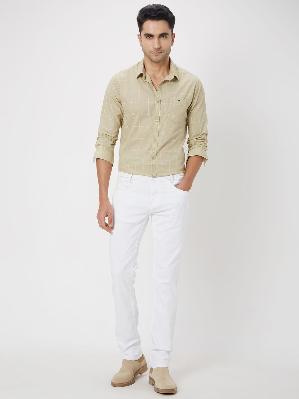 Light Khaki & White Printed Check Slim Fit Casual Shirt