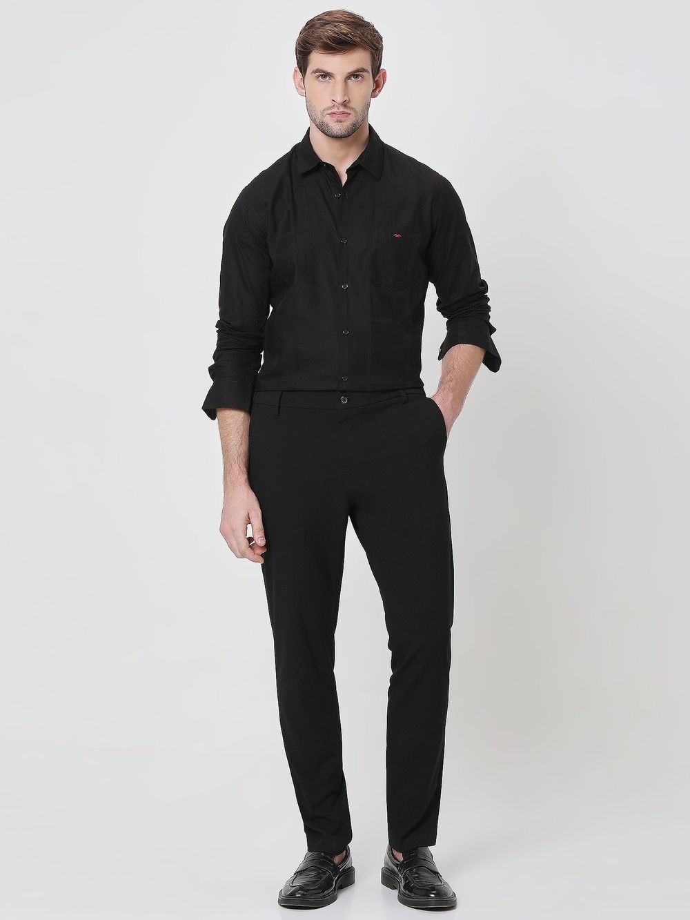 Black Textured Dobby Slim Fit Casual Shirt