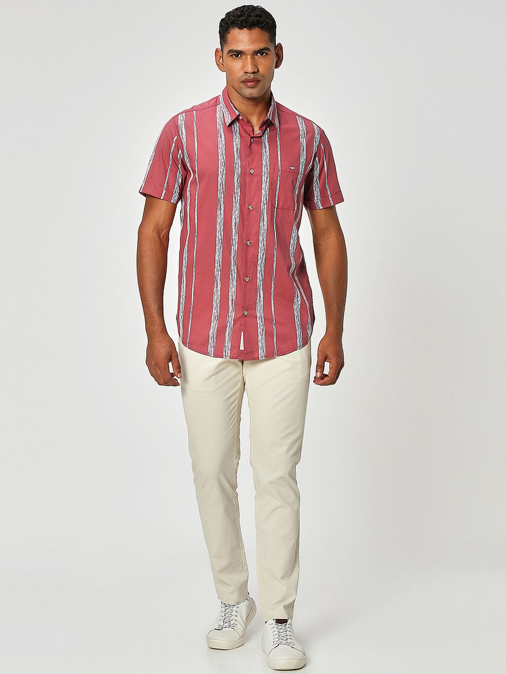 Pink & Off White Printed Stripe Lightweight Shirt