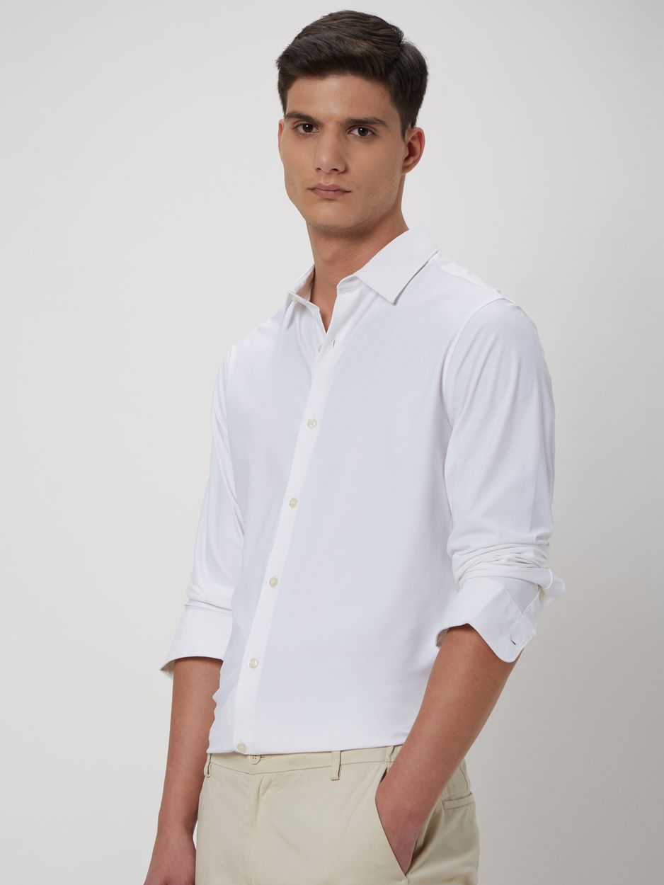 White Knitted Plain Stretch Shirt