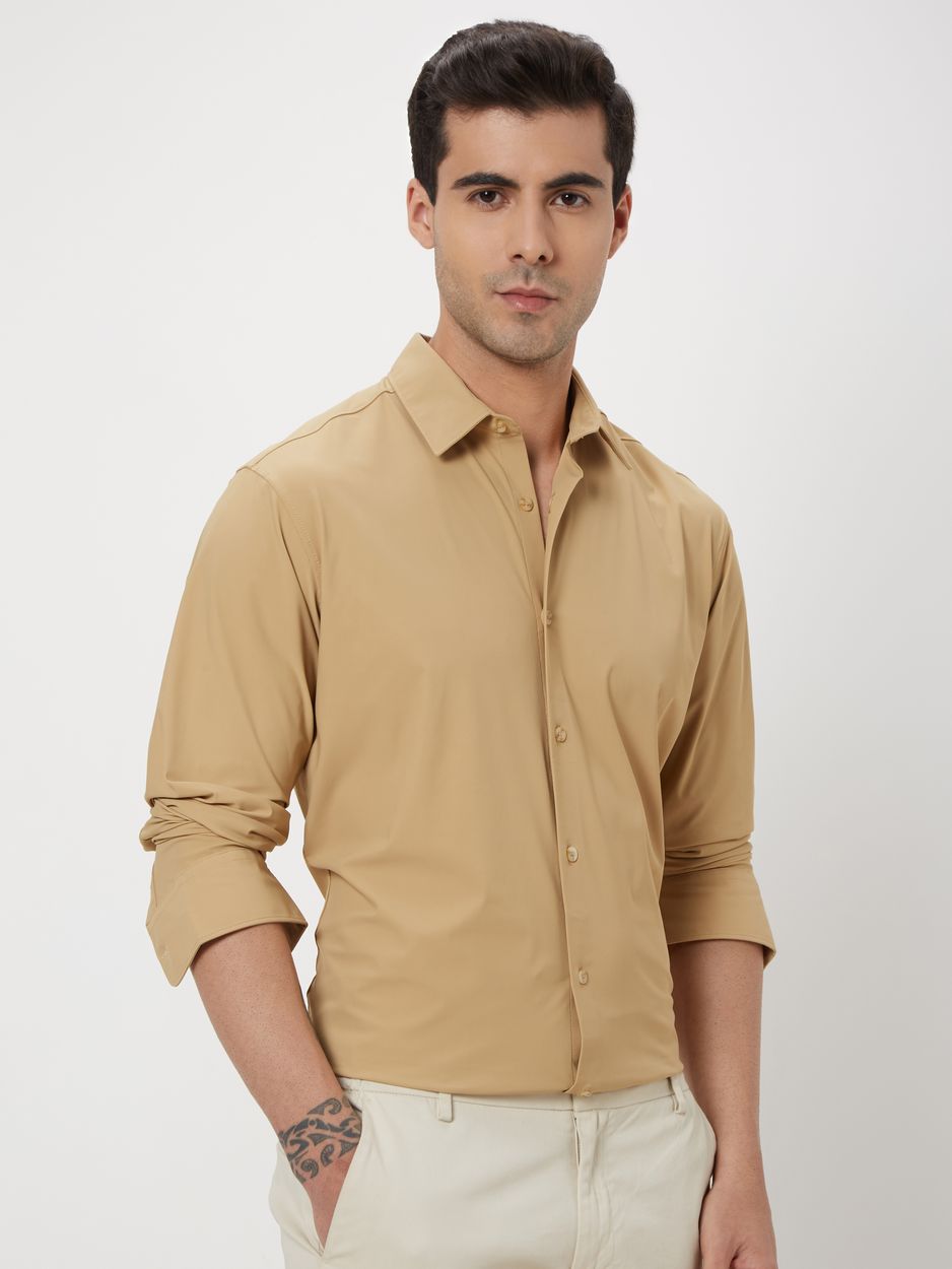 Beige Knitted Plain Stretch Shirt