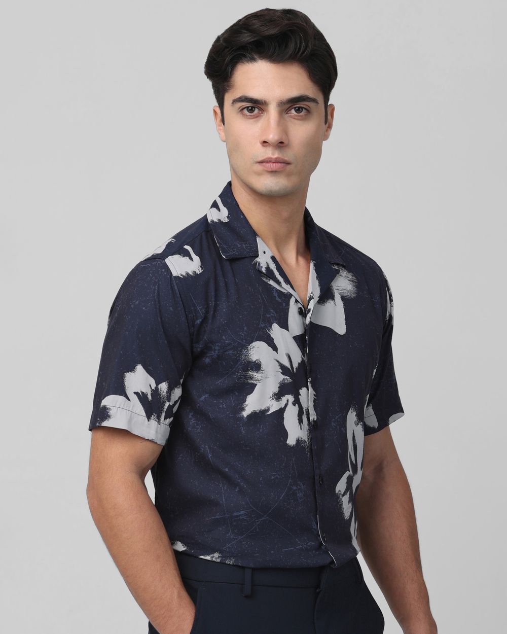 Navy Floral Print Relaxed Fit Casual Shirt