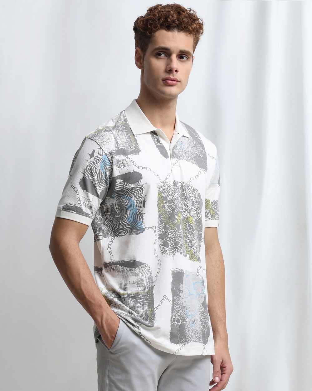 Off White Abstract Print Polo
