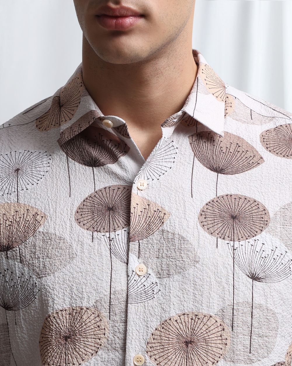 Beige Textured Print Slim Fit Casual Shirt