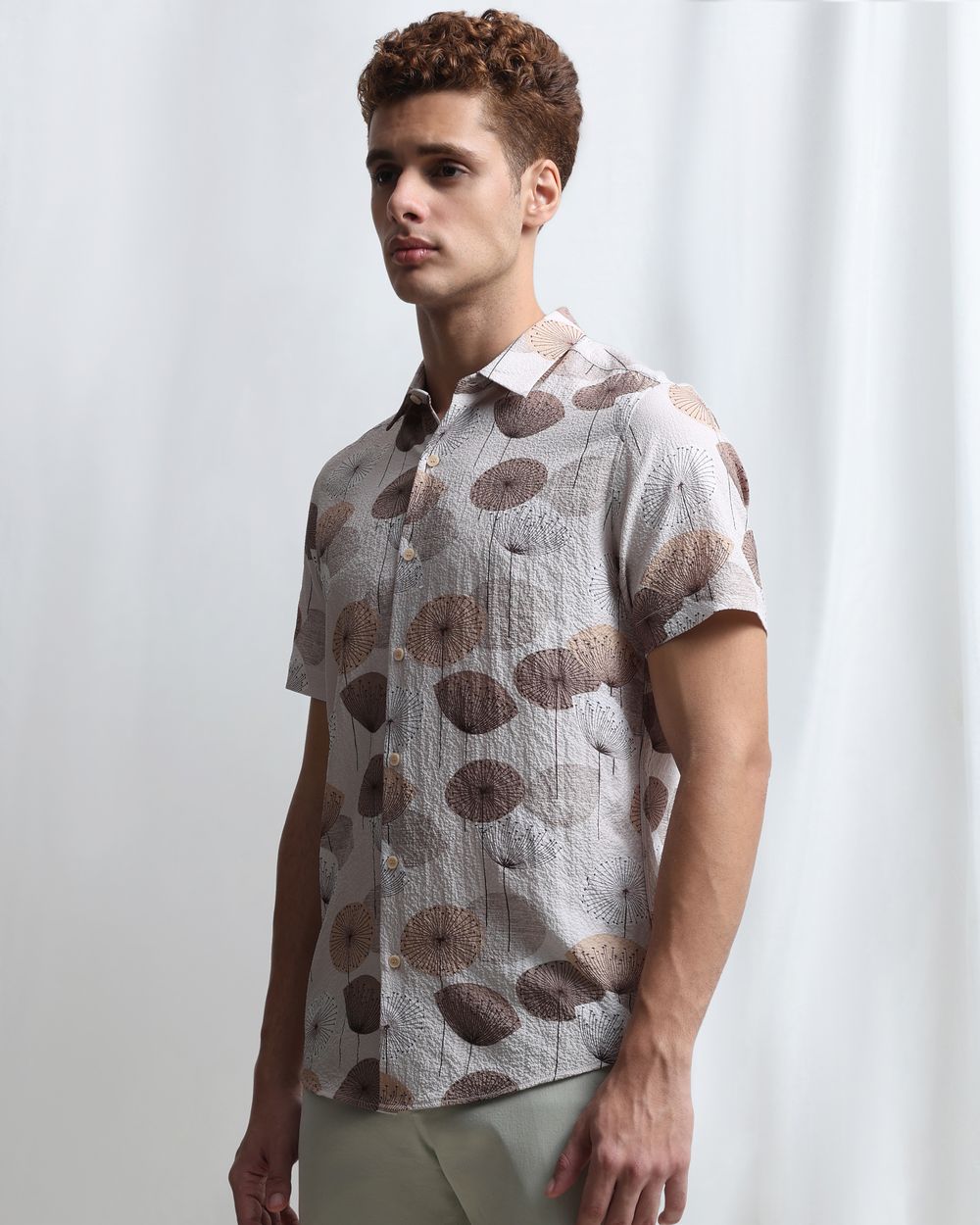 Beige Textured Print Slim Fit Casual Shirt