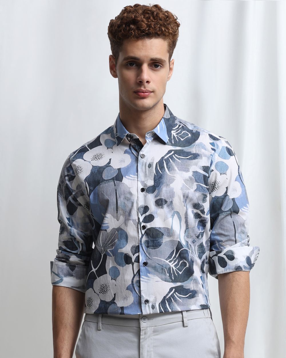 Blue Digital Print Slim Fit Casual Shirt