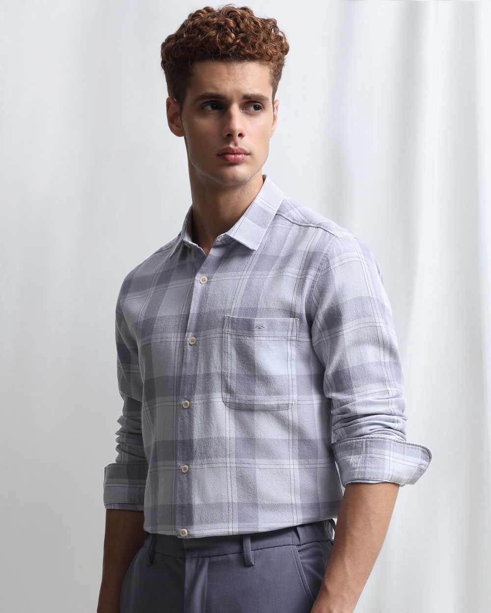 Lilac Textured Check Slim Fit Casual Shirt