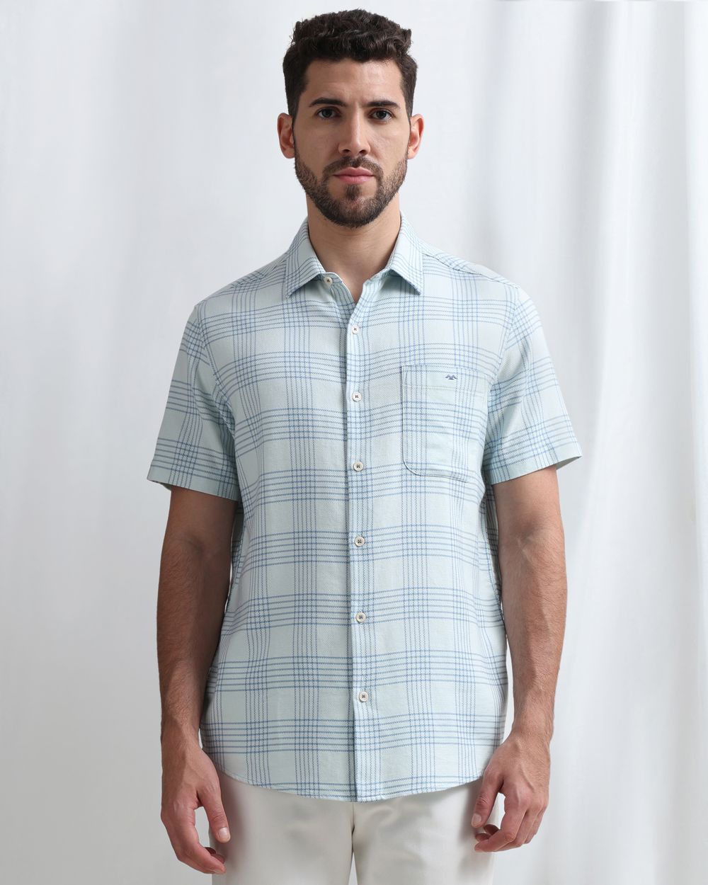 Light Blue Dobby Check Slim Fit Casual Shirt
