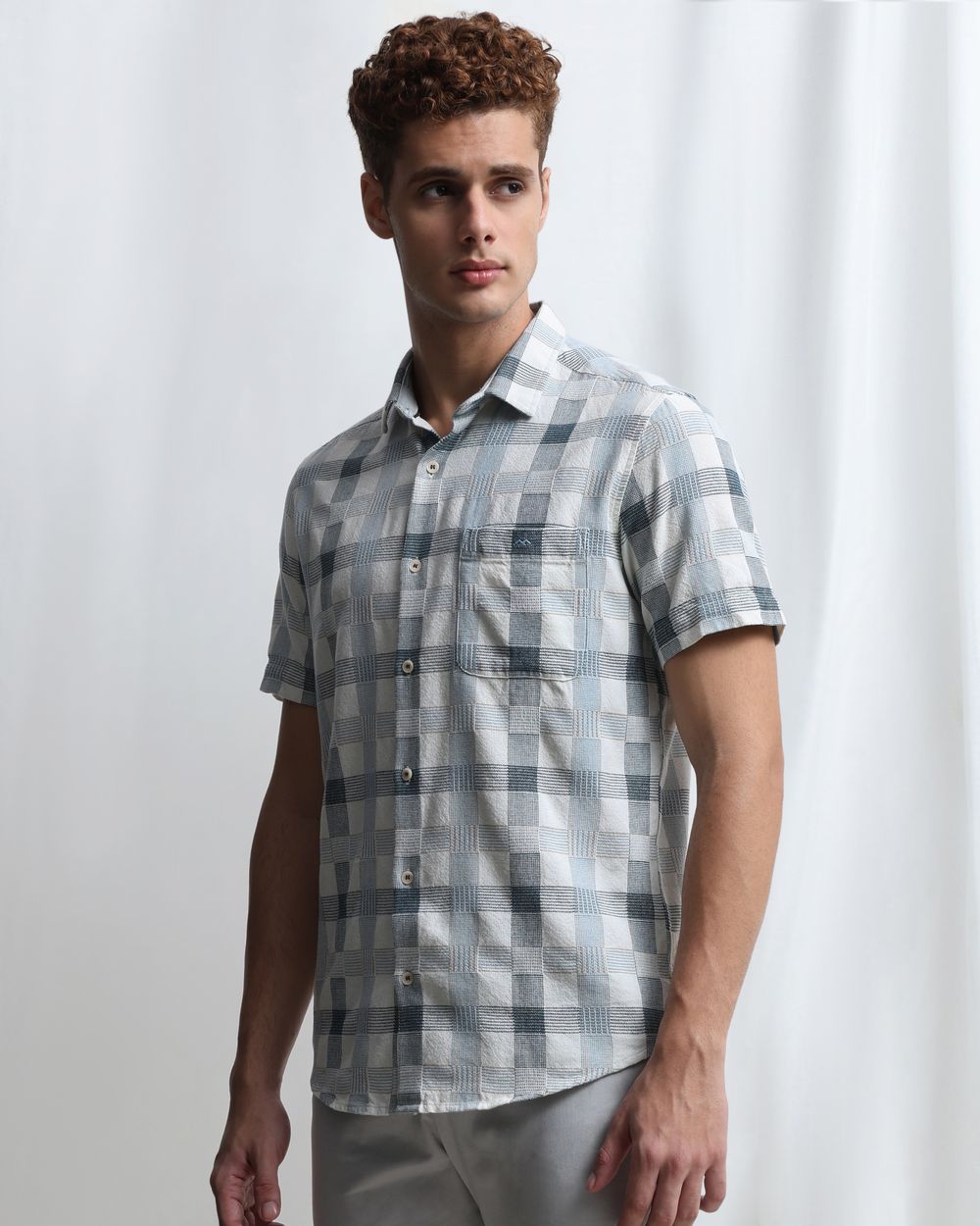 Blue Textured Check Slim Fit Casual Shirt