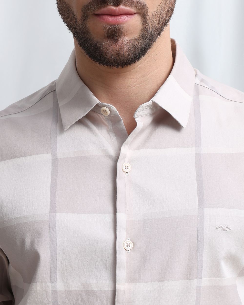 Beige Dobby Check Slim Fit Casual Shirt