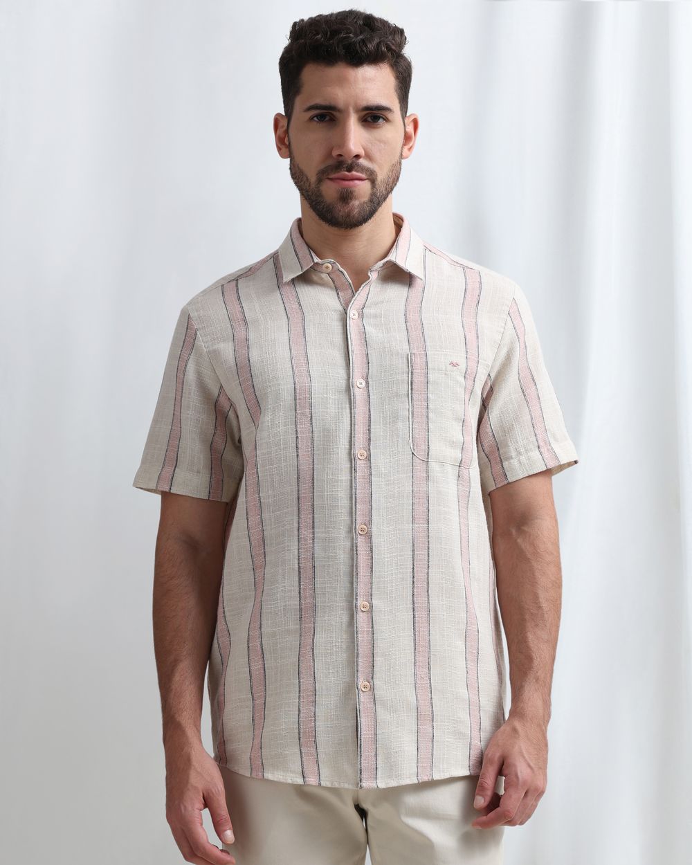 Beige Textured Stripe Slim Fit Casual Shirt