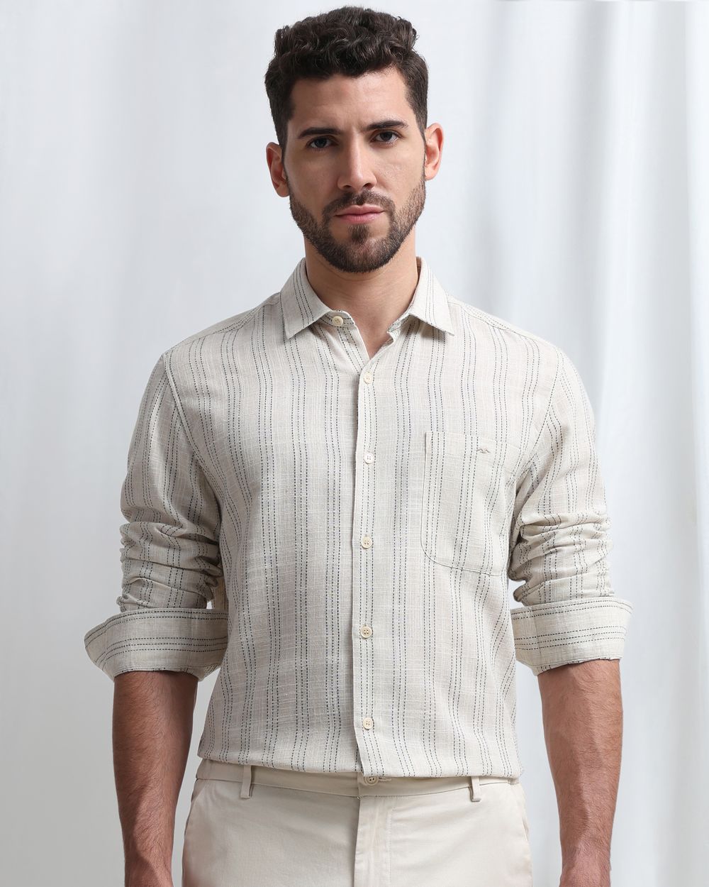 Beige Dobby Stripe Slim Fit Casual Shirt