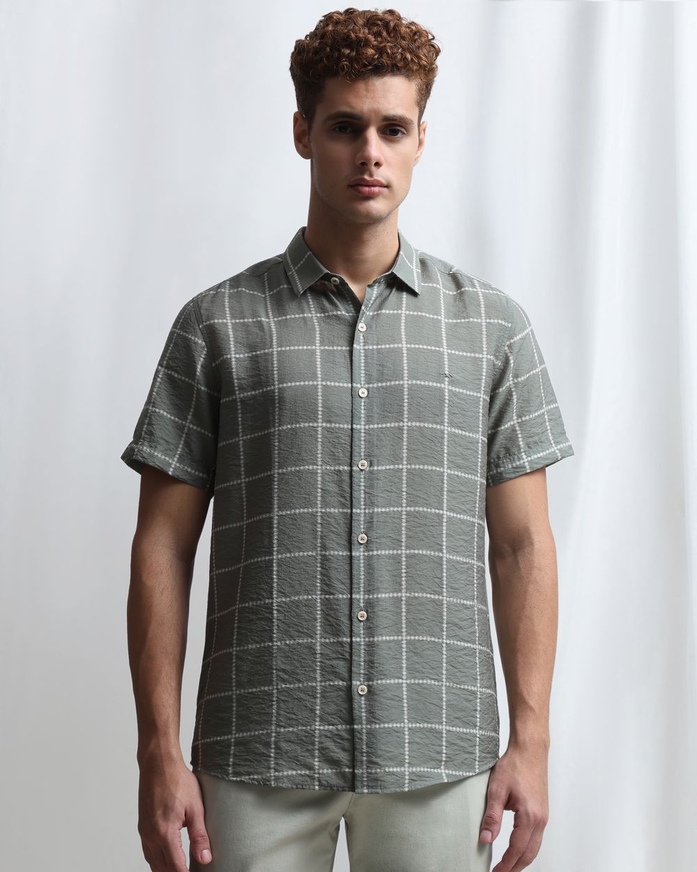 Olive Square Check Slim Fit Casual Shirt